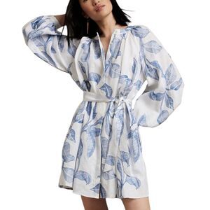 Banana Republic Linen Shirt Dress Mini Belted Embroidered Blue M NWT bv
